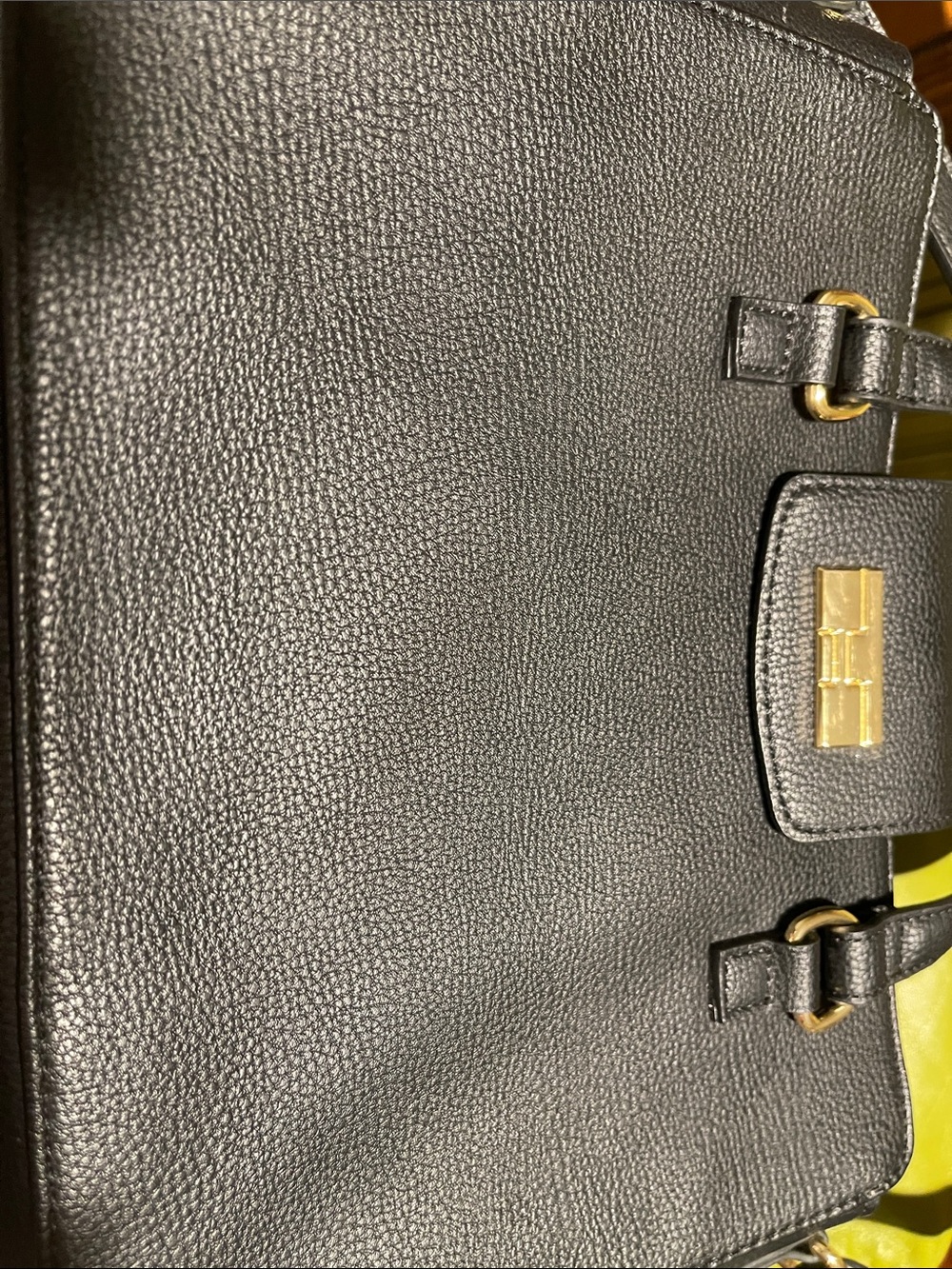 Tommy Hilfiger Black Pebbled Leather Satchel with Gold Hardware
